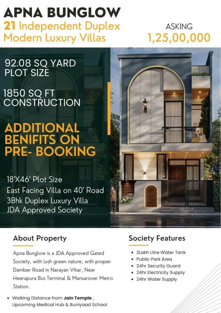 Apna Bunglow – JDA Approved 3 BHK Independent Duplex Villa | Narayan Vihar, Near Heerapura, Jaipur